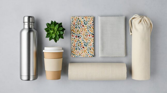 Zero waste and sustainable lifestyle items like reusable water bottle and coffee cup on grey background concept