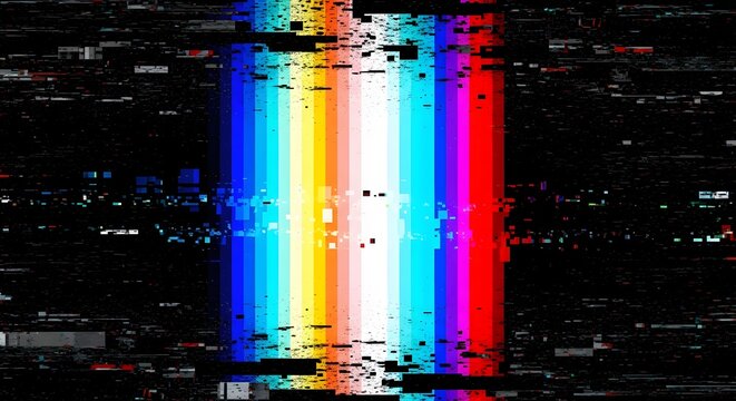 Digital glitch screen with vertical color bars. Visual distortion and signal interference. Static noise displaying on a broken television monitor.