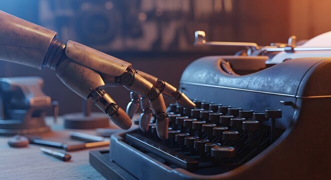 Vintage robot hand typing on a classic typewriter. Artificial intelligence writing old literature. Mechanical cyborg fingers pressing keys on a retro machine.