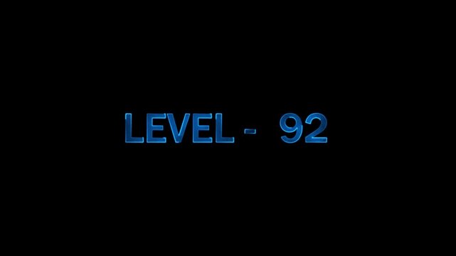Level ninety two text display on black background abstract blue glowing animation