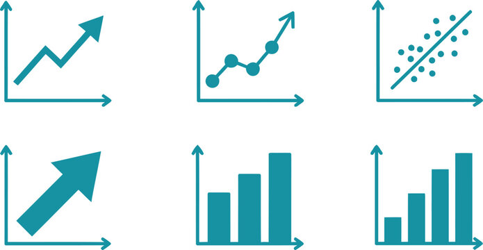 Teal colored business graphs and charts silhouette