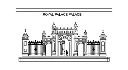 Fototapeta premium Royal Palace Entrance Gate with Ornate Fencing and Small Figure