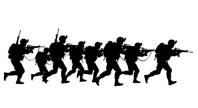 Silhouette Soldiers Running with Rifles, Military Teamwork, Combat Mission