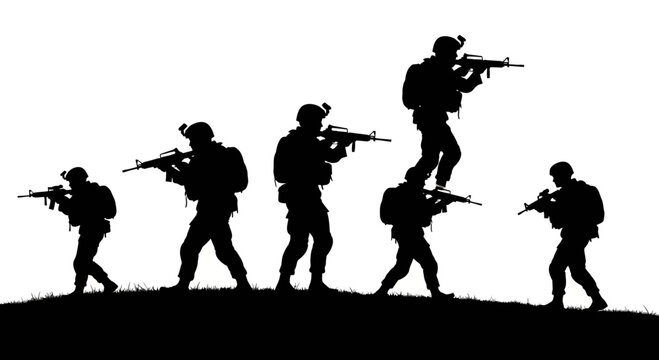 Silhouette Soldiers with Rifles on Hilltop - Military Teamwork Concept