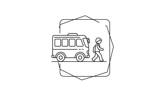School Bus Stop: Child Waiting for Transport, Simple Line Art Icon