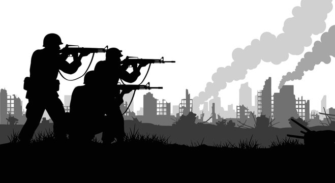 Soldiers Silhouetted in War Zone with Destroyed Cityscape and Smoke