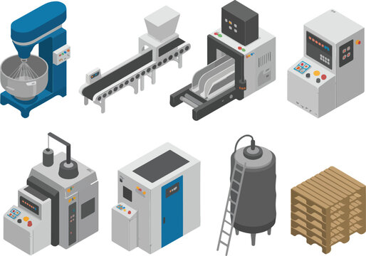 Professional isometric industrial manufacturing equipment set featuring conveyor belts, automated machinery, food processing mixers, and warehouse storage pallets for factory production.