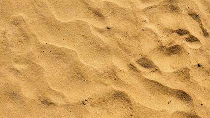 Fototapeta premium Golden Sandy Beach or Desert Surface Texture With Ripple Pattern and Small Pebbles — Top View Natural Background