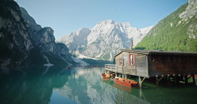 Old lake house at Lake Braies, Dolomites, Italy