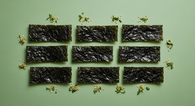 Rectangular pieces of crispy nori seaweed on a green background. Healthy snack and oriental cuisine ingredients. Toasted sea vegetable sheets arranged with scattered leaves and seeds