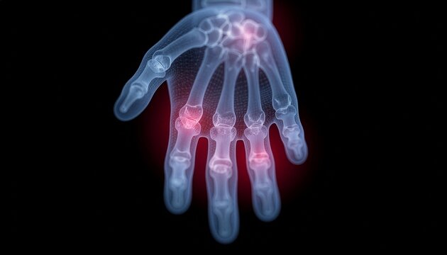 A digital medical image of a hand, highlighting joint inflammation and bone structure, serves as a visual guide for educational and informative content related to anatomy and health. 