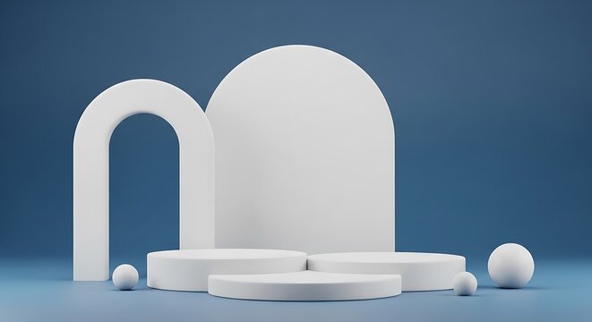 White podium display stand with empty circles and arch shapes on a blue background for product presentation and commercial advertising showcasing luxury items in a clean minimalist studio setup