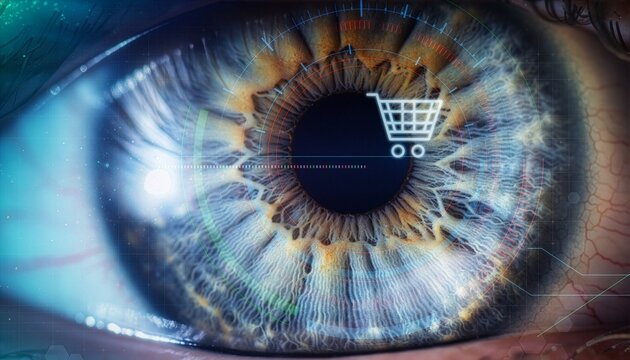Captivating eye illustration merging elements of shopping. Focusing on the intricate details of the iris, pupil, and surrounding textures.
