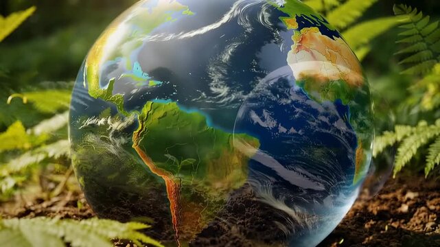 Earth globe in green forest with sunlight symbolizing ecology, sustainability and environmental protection
