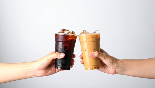 Two hands clink cups of refreshing iced coffee drinks with delightful brown hues, against a simple backdrop, capturing the essence of a social moment.