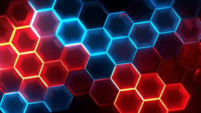 Abstract blue and red light pattern with hexagonal shapes, Abstract background featuring interlocking red and blue hexagons in a geometric pattern