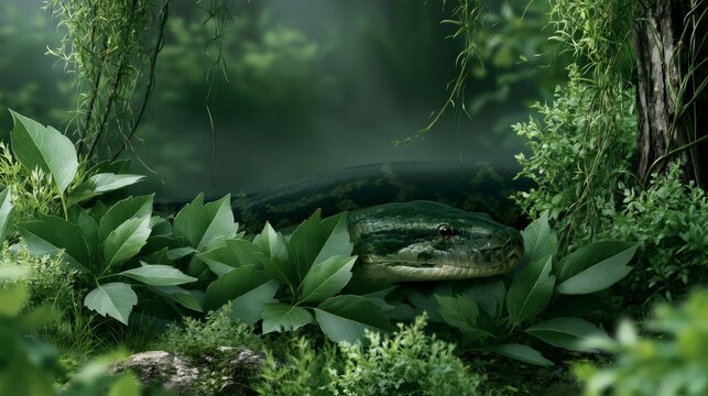 Anaconda camouflaging in dense green rainforest foliage
