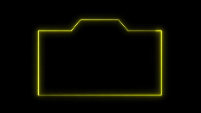 Yellow neon camera outline shape animation on black background for photography concept