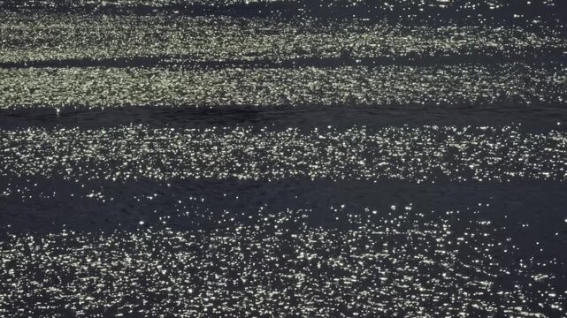 Sparkling Sun Glare On Dark Water Surface. Golden Sunlight Reflection Ripples On Waves