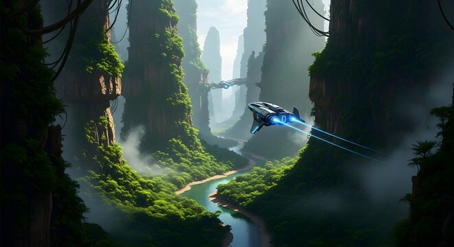 Sci-fi scout ship navigating deep jungle canyon. Advanced technology in wild environment. Stealth craft gliding between massive rock pillars and exotic plants
