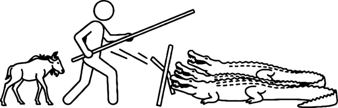 Stick figure man defending wildebeest from crocodiles