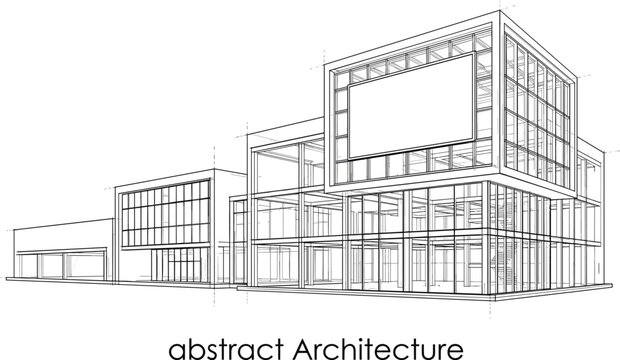 Abstract commercial architecture sketch with geometric office buildings structural framework and modern urban construction illustration design