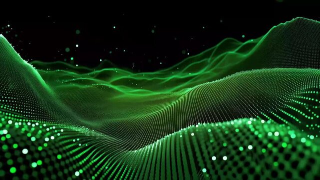 Abstract Digital Data Wave Pattern in Green, Green background featuring a pattern of scattered dots and intersecting lines