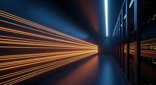 Modern server room with glowing data lines. Cloud storage and big data center infrastructure. Network hardware cabinets in a dark corridor with orange light trails.