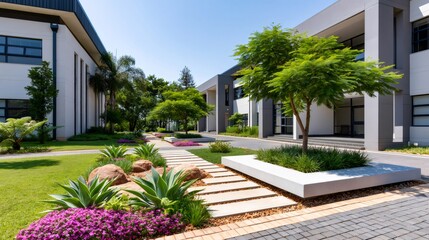 Fototapeta premium Modern office park architecture with landscaped garden courtyard