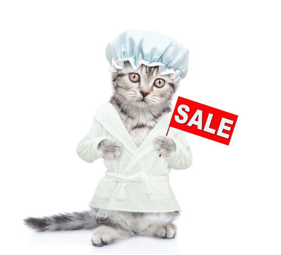 Funny kitten wearing bathrobe with shower cap on it head standing on hind legs and holding signboard with labeled "sale". Isolated on white background