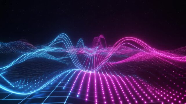 3D Neon Particle Wave Over Digital Grid with Vibrant Ribbon VJ Loop Background 4k