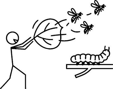 Stick figure using a leaf as a shield against bees