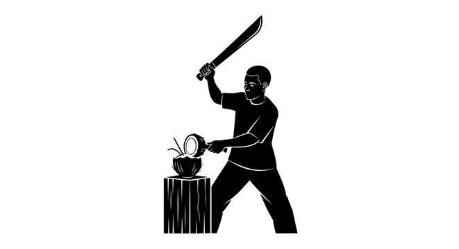 Silhouette of person chopping a coconut with a machete