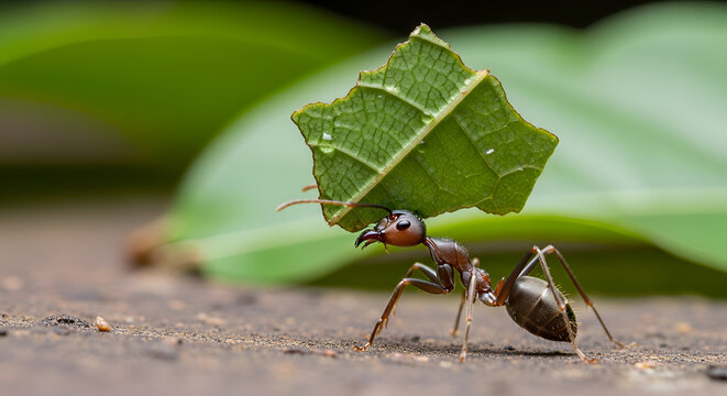 An industrious ant carrying green leaf.