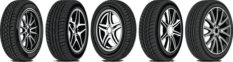 Fototapeta premium Professional Automotive Performance Tire and Custom Alloy Rim Collection Featuring High-Detail Tread Patterns and Modern Wheel Designs with Reflections
