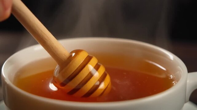 Adding Honey to Hot Tea. Stirring Sweet Honey into Warm Tea. Closeup of Honey Blending into Steaming Tea Cup 4k