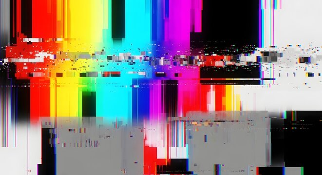 Vibrant digital glitch with colorful vertical distortion bars. Data corruption and system failure. Multicolored pixels and signal interference on a high tech monitor screen