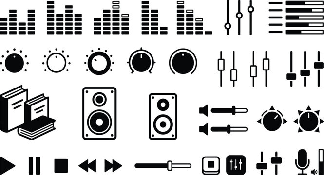 Audio Equipment and Sound Mixer Icon Set Featuring Music Equalizers, Studio Speakers, Volume Knobs, Control Sliders, and Media Player Control Vectors