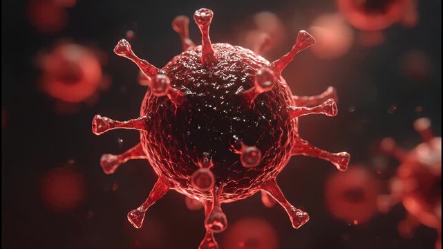 A detailed, dramatic rendering showcases a cluster of coronavirus particles against a dark, blurred background, highlighting their complex structure and potential threat.