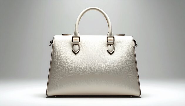 A luxurious white leather handbag with metallic hardware sits on a clean surface against a plain background.