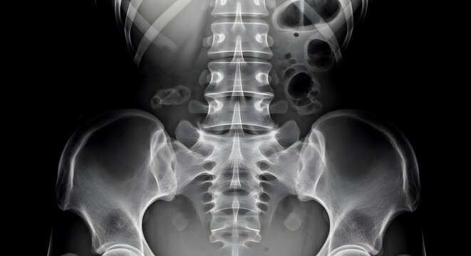 X-ray image of a human pelvis and lower spine against a dark background