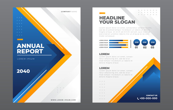 Modern annual report brochure design with geometric shapes and step progress bar for corporate presentations