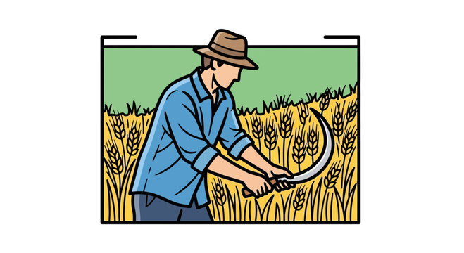 Farmer Harvesting Wheat Field with Sickle, Rural Agricultural Scene
