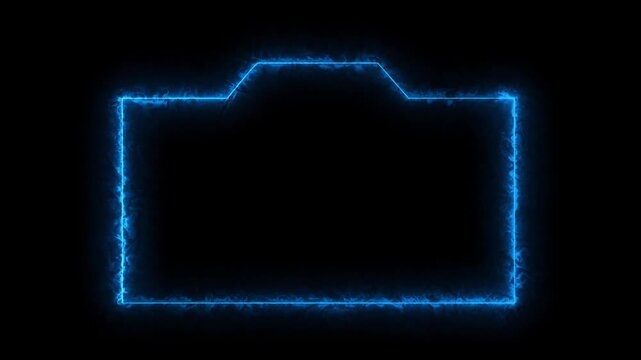 Camera icon outline glowing with blue fire energy pulses on black background for photography
