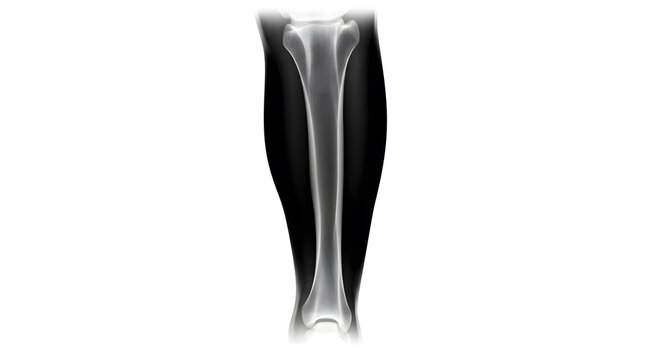 Close-up X-ray image of a human leg bone structure