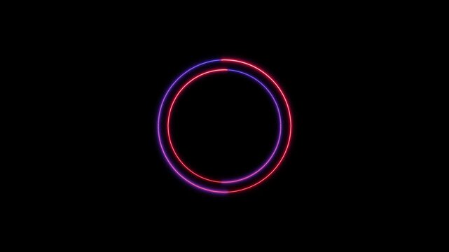 Pulsating neon rings rotate and change colors on black background for futuristic motion graphics