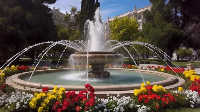 beautiful Park Retiro, fountain with blooming flowers in El Retiro Park, Madrid, sightseeing in Madrid, capital of Spain. 4k