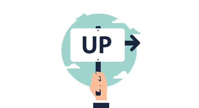 Hand holding sign UP with arrow pointing right, success concept