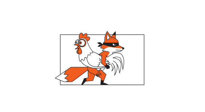 Fox thief carrying a chicken, cartoon illustration, stealthy animal theft concept