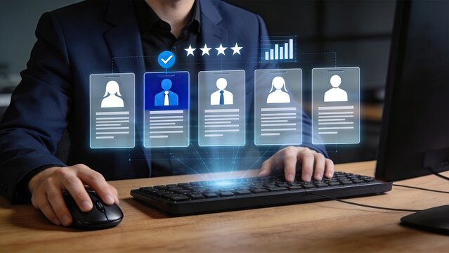 Businessman selecting best candidate from digital profiles on computer screen recruitment HR technology hiring process talent management corporate selection professional